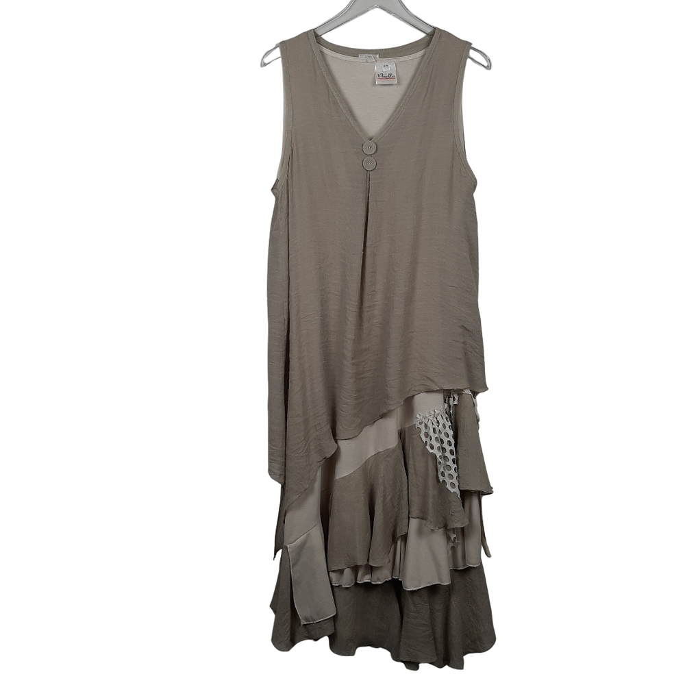 Noelle Lagenlook Tan and Cream Midi To Maxi Dress Size Medium